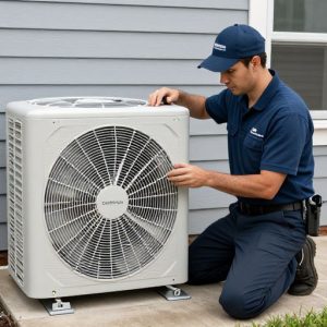 A professional HVAC technician from Direct Home Services in a blue uniform and cap, kneeling and using tools to perform maintenance on a light gray air conditioning condenser unit.