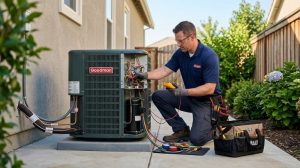 A Direct Home Services HVAC technician in a navy uniform uses a multimeter and diagnostic tools to repair a Goodman central air conditioning unit in Durham, CT.