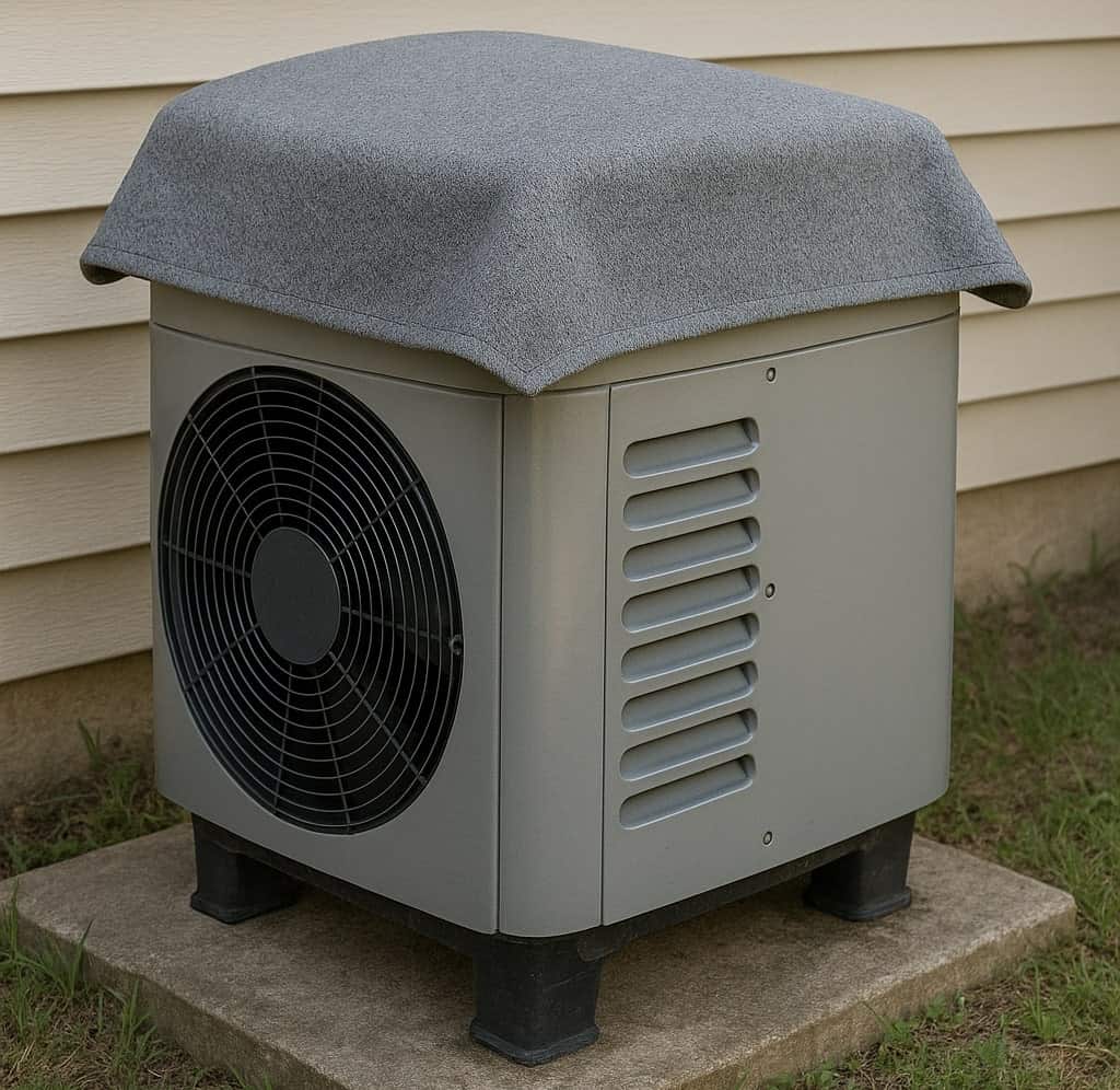 An outdoor HVAC unit sits on a concrete pad beside a house, covered with a breathable gray fabric top cover designed to protect it during winter weather.