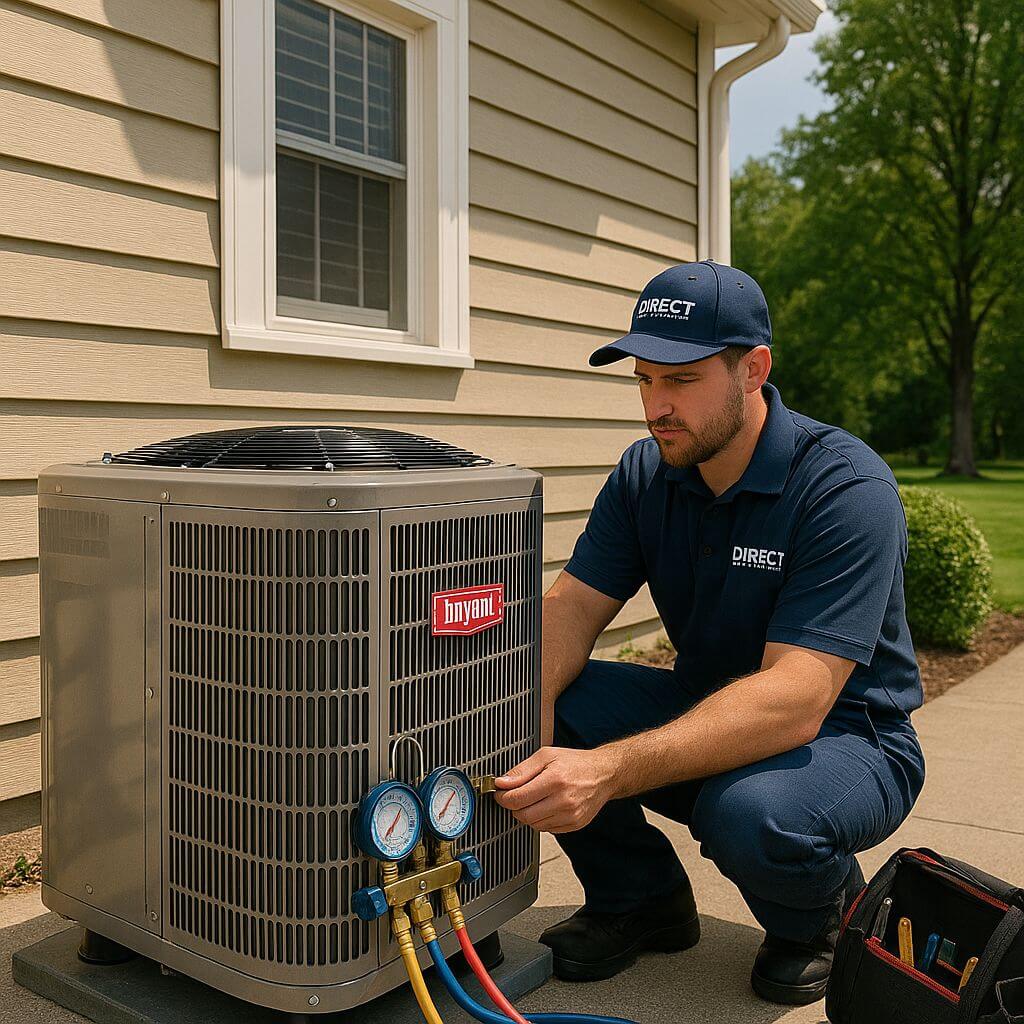 Direct Home Services technician installs central air conditioner outside home in Middlefield CT.