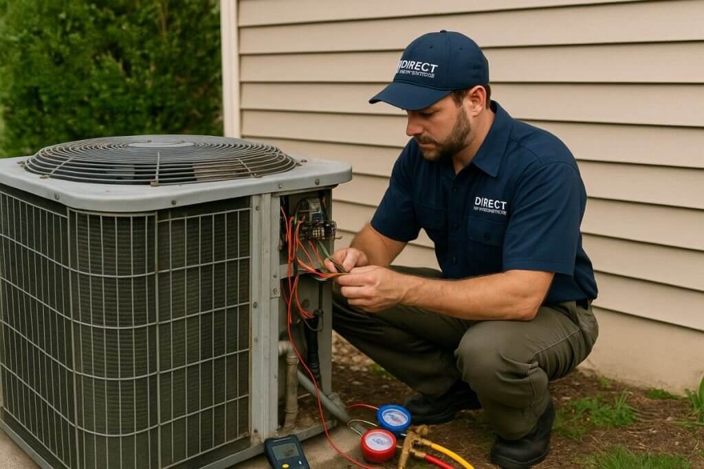 HVAC technician from Direct Home Services repairing outdoor AC unit in Middlefield CT.