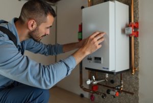 HVAC technician installing a new residential boiler in Middlefield CT
