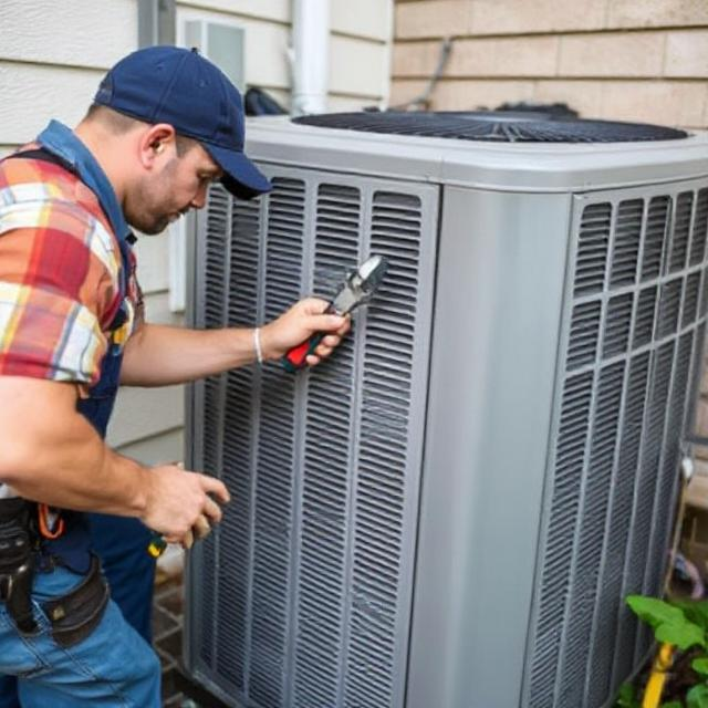 A skilled HVAC technician inspects the outdoor air conditioning unit for common repair issues such as clogged condenser coils and refrigerant leaks, showcasing professional service.