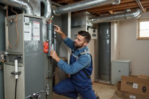 Technician performing a furnace installation in a Connecticut home