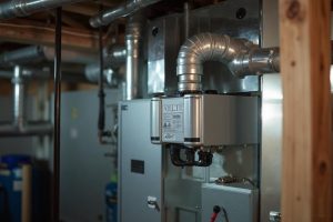 Technician installing whole-home air purifier on HVAC system 