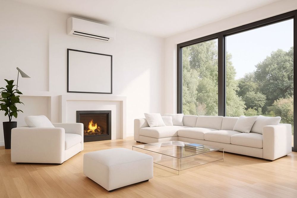 Modern living room with ductless HVAC system installed on the wall for efficient heating and cooling