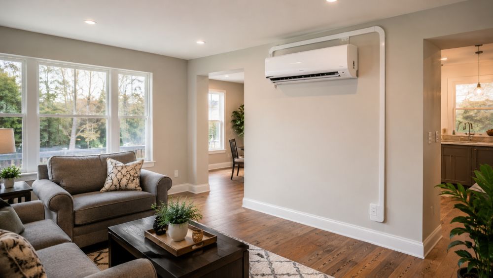 Direct Home Services Heating & Cooling Specialists provides ductless mini-split installation services in Durham, CT for homeowners looking for energy-saving heating and cooling systems. This image shows a professionally installed wall-mounted ductless mini-split unit inside a modern residential living room with clean refrigerant line covers, finished interior walls, hardwood flooring, and natural indoor lighting.
