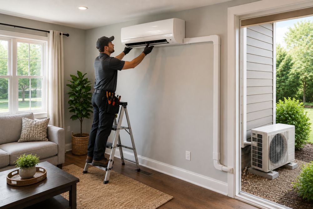 professionally installed wall-mounted ductless mini-split indoor unit inside a modern residential living room with the outdoor condenser unit correctly positioned outside the house on a concrete pad. The installation includes clean refrigerant line routing, balanced room placement, and a modern home setting that reflects residential HVAC service standards in Connecticut. Direct Home Services, located at 478 Main St, Middlefield, CT 06455, delivers ductless heating and cooling services across Durham and nearby communities.