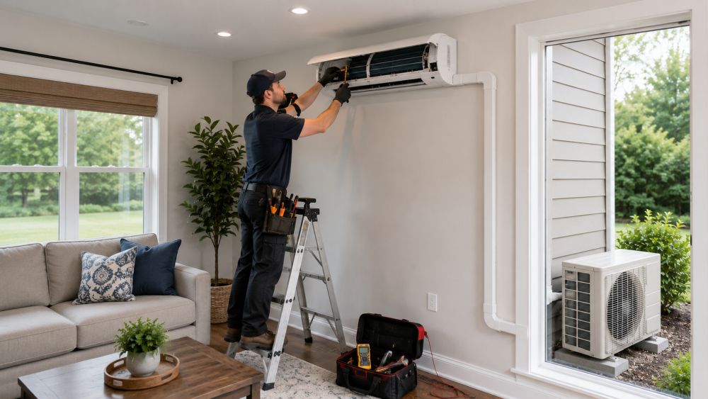 HVAC technician repairing a wall-mounted ductless mini-split indoor unit inside a modern residential living room while the outdoor condenser unit remains installed outside the home. The repair setup includes diagnostic tools, visible service access panels, and a clean indoor environment that reflects professional residential HVAC repair work in Connecticut. Direct Home Services serves Durham and nearby Connecticut communities with ductless HVAC repair, maintenance, and replacement services for homes of all sizes.
