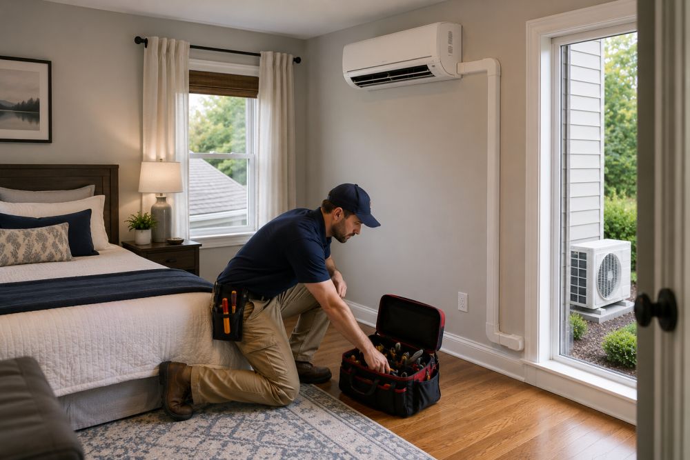 Direct Home Services provides ductless mini-split repair in Durham, CT for homeowners dealing with cooling and heating issues. This image shows a properly wall-mounted ductless mini-split system installed near the ceiling inside a modern residential living room while a technician reaches into a tool bag during a repair visit. The repair setup includes HVAC gauges, hand tools, and a step ladder positioned below the indoor unit for safe service access. Direct Home Services Heating & Cooling Specialists serves Durham, Connecticut with ductless HVAC repair, mini-split troubleshooting, and heating system service.