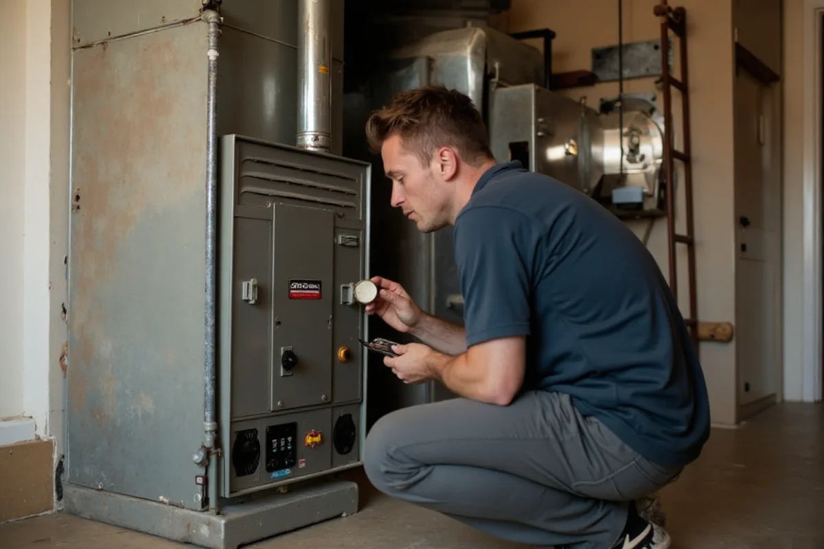 HVAC technician inspecting an old furnace in Middlefield CT to decide between repair and replacement – Direct Home Services