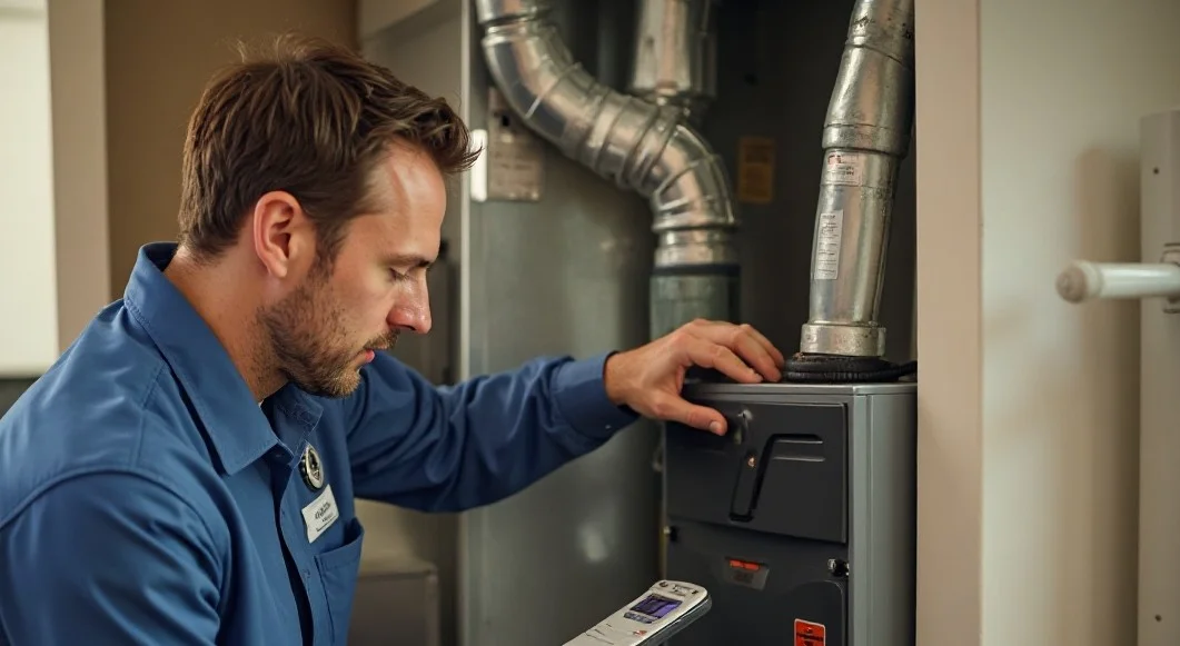 HVAC technician performing a furnace safety inspection and wiring check in Middlefield CT – Direct Home Services