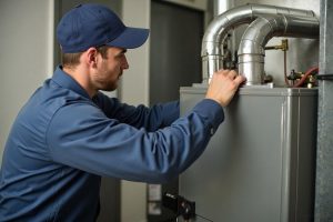 Licensed HVAC technician installing new gas furnace in Middlefield CT home