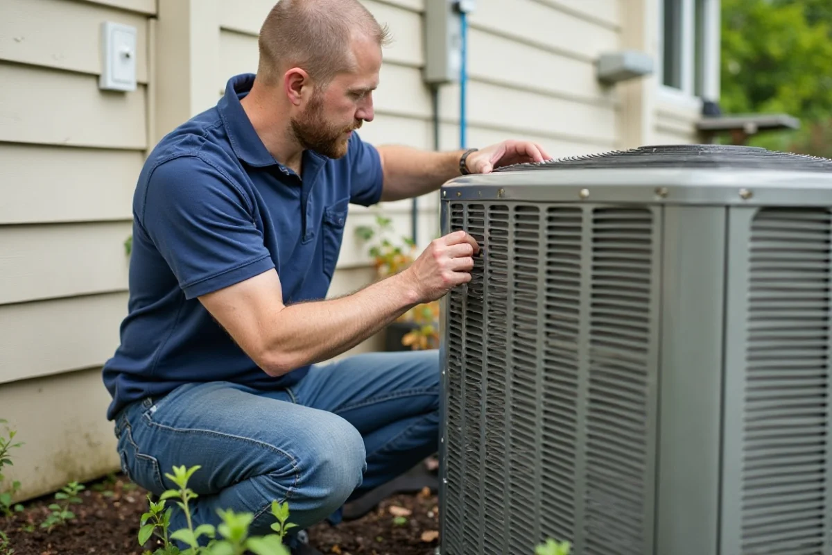 HVAC technician cleaning and inspecting a residential heat pump outdoor unit in Middlefield CT – Direct Home Services