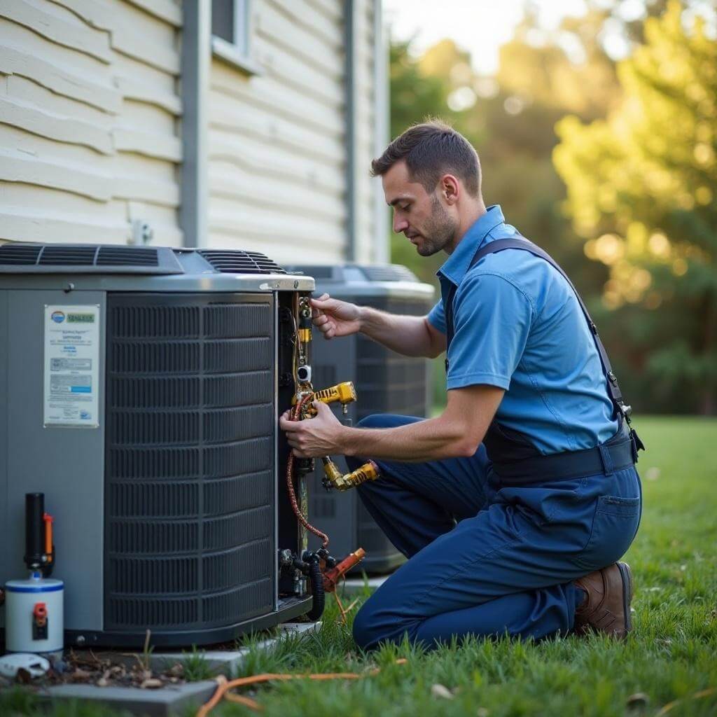 HVAC technician repairing a residential heat pump in Middlefield CT