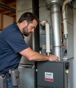 Technician performing heating installation in Middlefield CT