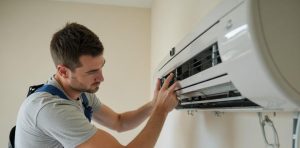 Licensed technician installing a central air conditioning system in Bonita Springs home