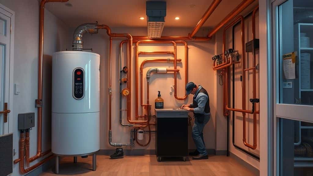 Technician servicing a tankless water heater system in a Durham CT home.