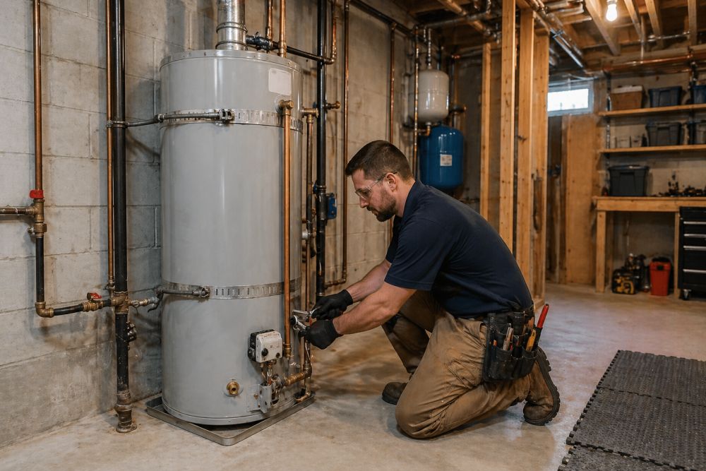 Direct Home Services Heating & Cooling Specialists provides water heater installation and replacement in Durham CT for residential homes. This image shows a technician kneeling beside a tank-style water heater inside a basement utility room. The system includes visible copper pipes, shut-off valves, and connected fittings that support proper water flow and heating. Homeowners in Durham Connecticut rely on correct installation to maintain steady hot water and system safety. Direct Home Services can be reached at (860) 339-6001 for water heater installation and replacement services that support daily home use.