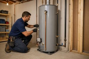 Direct Home Services Heating & Cooling Specialists performs water heater installation and replacement in Durham CT for residential homes. This image shows a technician installing a tank-style water heater in a basement utility area with connected pipes, valves, and fittings. Homeowners in Durham, Connecticut depend on proper installation to maintain steady hot water for daily use. Direct Home Services can be reached at (860) 339-6001 for water heater installation and replacement services that support system function and home comfort.
