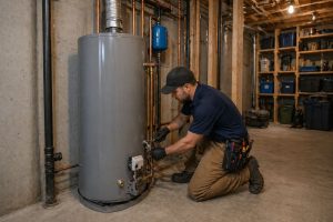 Direct Home Services Heating & Cooling Specialists provides water heater repair in Durham CT for residential homes. This image shows a technician kneeling beside a tank-style water heater in a basement utility room while repairing a valve connection. The system includes visible copper pipes, shut-off valves, and fittings that support proper water flow and heating. Homeowners in Durham Connecticut rely on timely repair to restore hot water and prevent system damage. Direct Home Services can be reached at (860) 339-6001 for water heater repair services that support safe and consistent home operation.