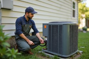 Technician servicing a York HVAC system in Middlefield CT