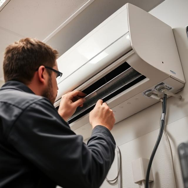 Professional air conditioning troubleshooting and repair services, focusing on the components such as the thermostat, compressor, and evaporator coils. Clean, detailed shot emphasizing precision in the repair process.