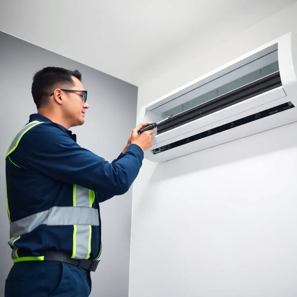 Professional air conditioning repair services in Connecticut, with a technician repairing an AC unit. Clean, detailed technical repair process with a focus on HVAC components.