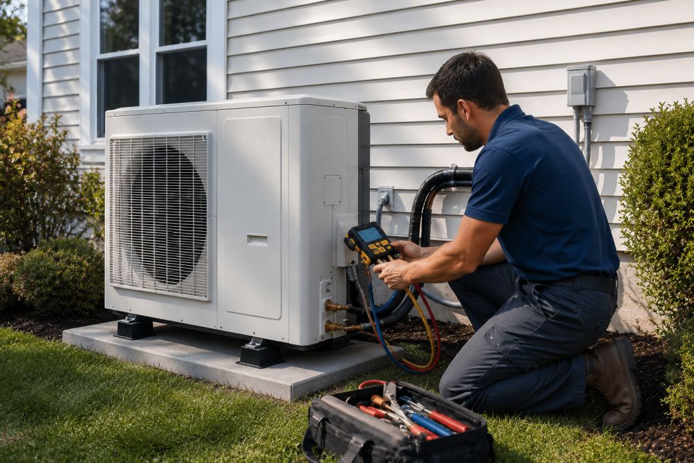 Modern outdoor heat pump condenser installed beside a residential home with visible refrigerant lines, electrical connections, and HVAC installation details. A technician is checking the system with HVAC gauges during a professional heat pump setup in a clean suburban yard. Direct Home Services serves Durham CT homeowners with energy-efficient heat pump systems, replacement services, and heating upgrades. Contact Direct Home Services at (860) 339-6001 for heat pump installation and replacement in Durham, CT.