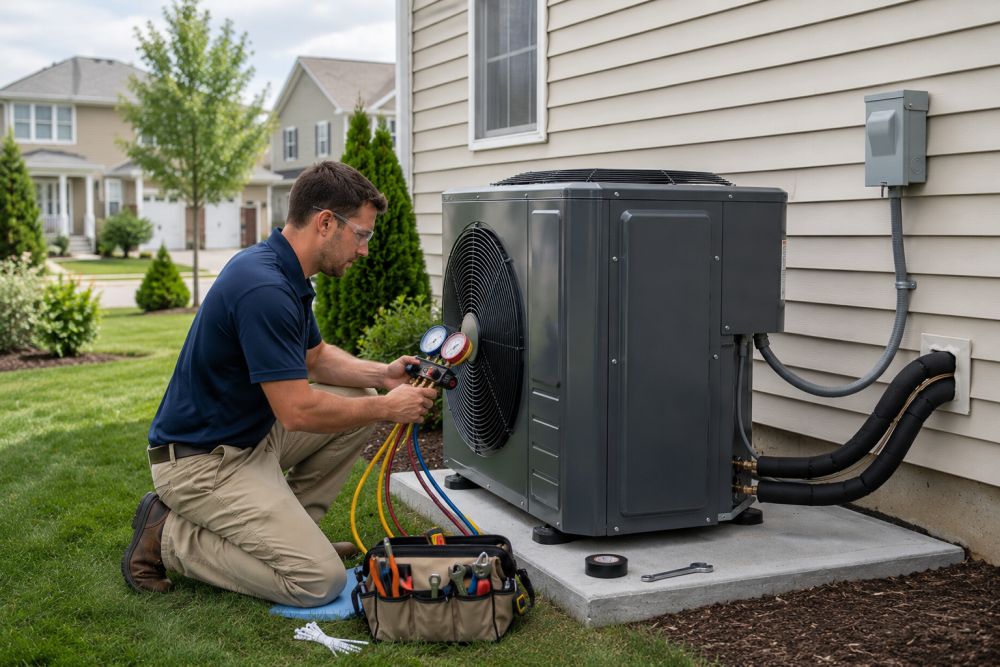 This image shows a technician installing a modern cold-climate heat pump condenser beside a suburban Connecticut home with insulated refrigerant lines, electrical connections, and HVAC testing equipment visible during the setup process. The outdoor scene includes clean grass, residential landscaping, and a realistic inverter heat pump system mounted on a concrete pad near light-colored siding. Direct Home Services serves Durham and nearby Connecticut communities with residential HVAC replacement and installation services backed by over 40 years of combined industry experience.