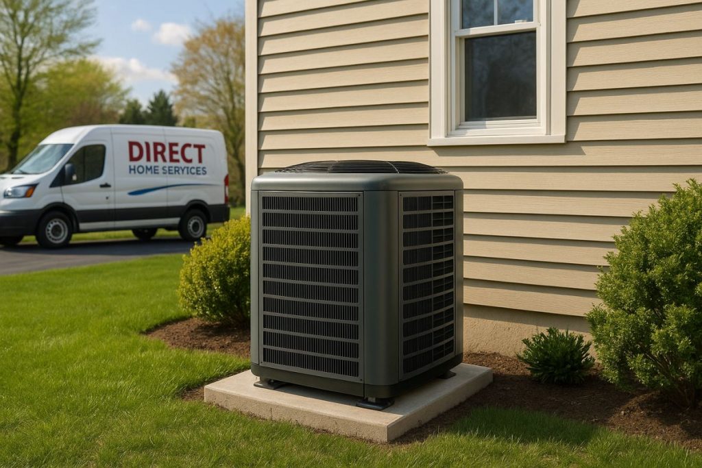 Outdoor heat pump unit next to beige vinyl siding on a home in Middlefield, CT