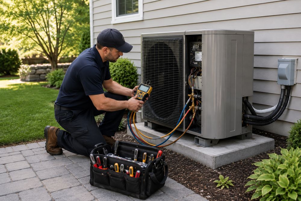 HVAC technician inspecting an outdoor heat pump condenser unit beside a residential home while using diagnostic gauges during a repair visit. The service setup includes a modern heat pump system installed on a concrete pad with visible refrigerant lines, electrical components, and professional HVAC repair tools. Direct Home Services Heating & Cooling Specialists serves Durham, Connecticut with heat pump diagnostics, emergency repairs, seasonal maintenance, and energy-efficient HVAC solutions.