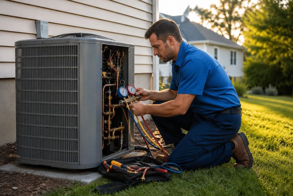 HVAC technician performing heat pump repair service in Durham CT beside a modern outdoor heat pump unit at a residential home. Direct Home Services Heating & Cooling Specialists provides heat pump repair, system diagnostics, refrigerant service, and emergency HVAC repair for homeowners in Durham Connecticut and nearby areas. The image shows a technician working on exposed heat pump components with gauges, copper lines, and repair tools during an outdoor service appointment. Direct Home Services, located near Durham CT, delivers residential heating and cooling repair with experienced technicians and 24/7 support. Call (860) 339-6001 for heat pump repair and HVAC service in Durham CT.