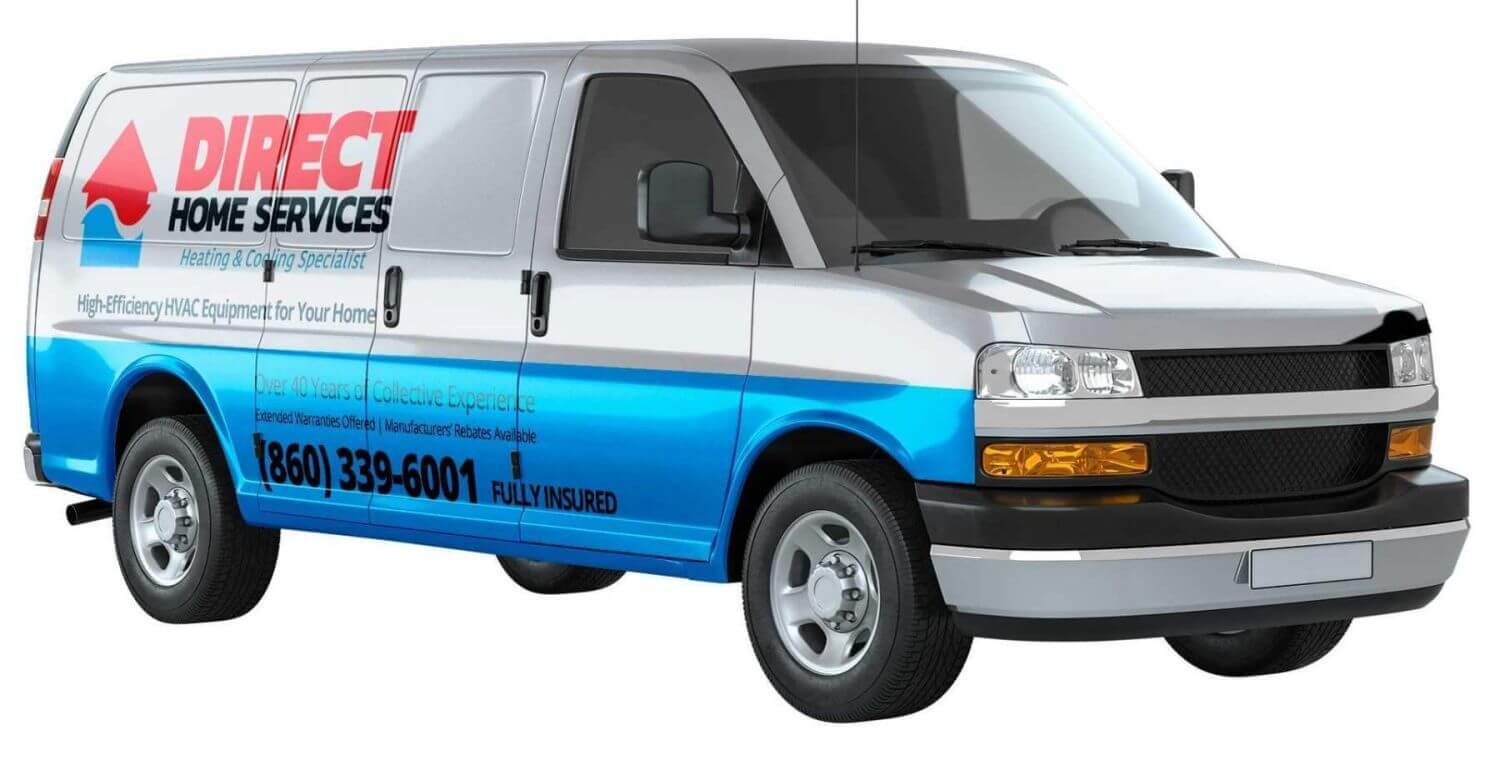 A professionally branded HVAC service vehicle from Direct Home Services parked in a residential area, showcasing a sleek, modern design with logos visible. The vehicle reflects quality and reliability, with clear skies and natural surroundings.